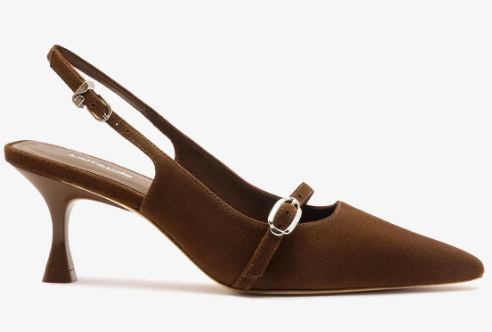 Brown suede slingback high heel pump with pointed toe and silver buckles on a white background.