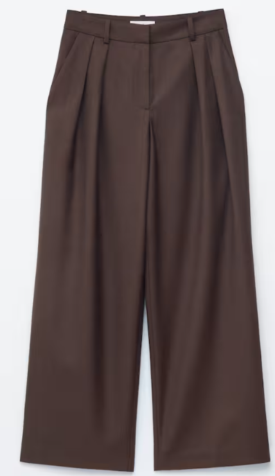 Brown wide-leg trousers with pleats and belt loops, photographed front-facing on a white background.