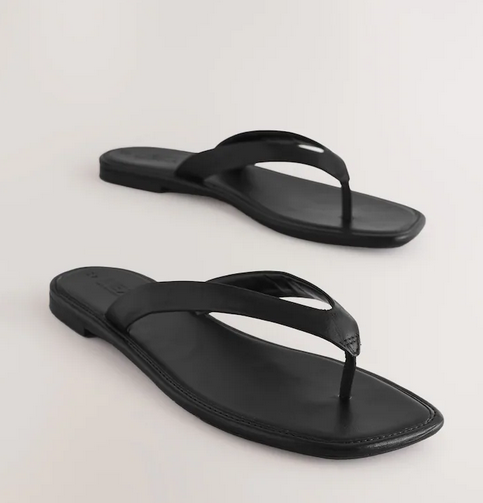 Black Leather Standard/Wide Fit Square Toe Thong Sandals