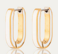 Gold and silver geometric hoop earrings on a white background, featuring sleek modern design with reflective surfaces.