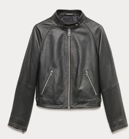 Black leather biker jacket with front zipper and zip pockets, shown flat on a white background.