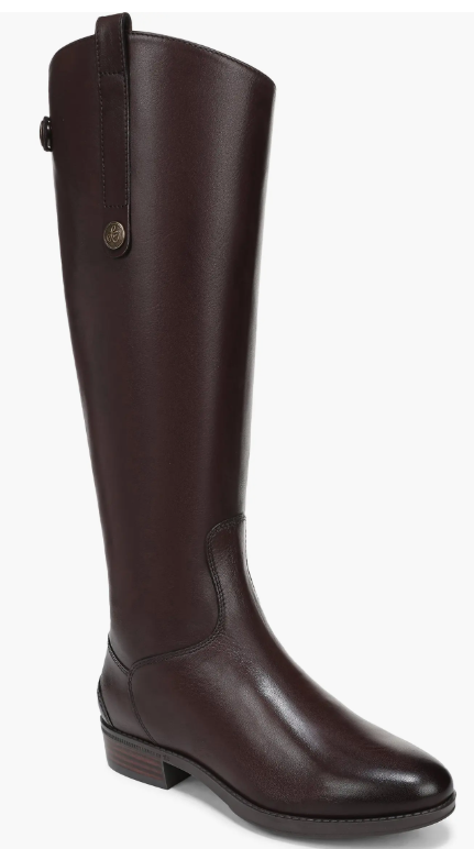Single dark brown knee-high leather boot on a white background, shown in side view.