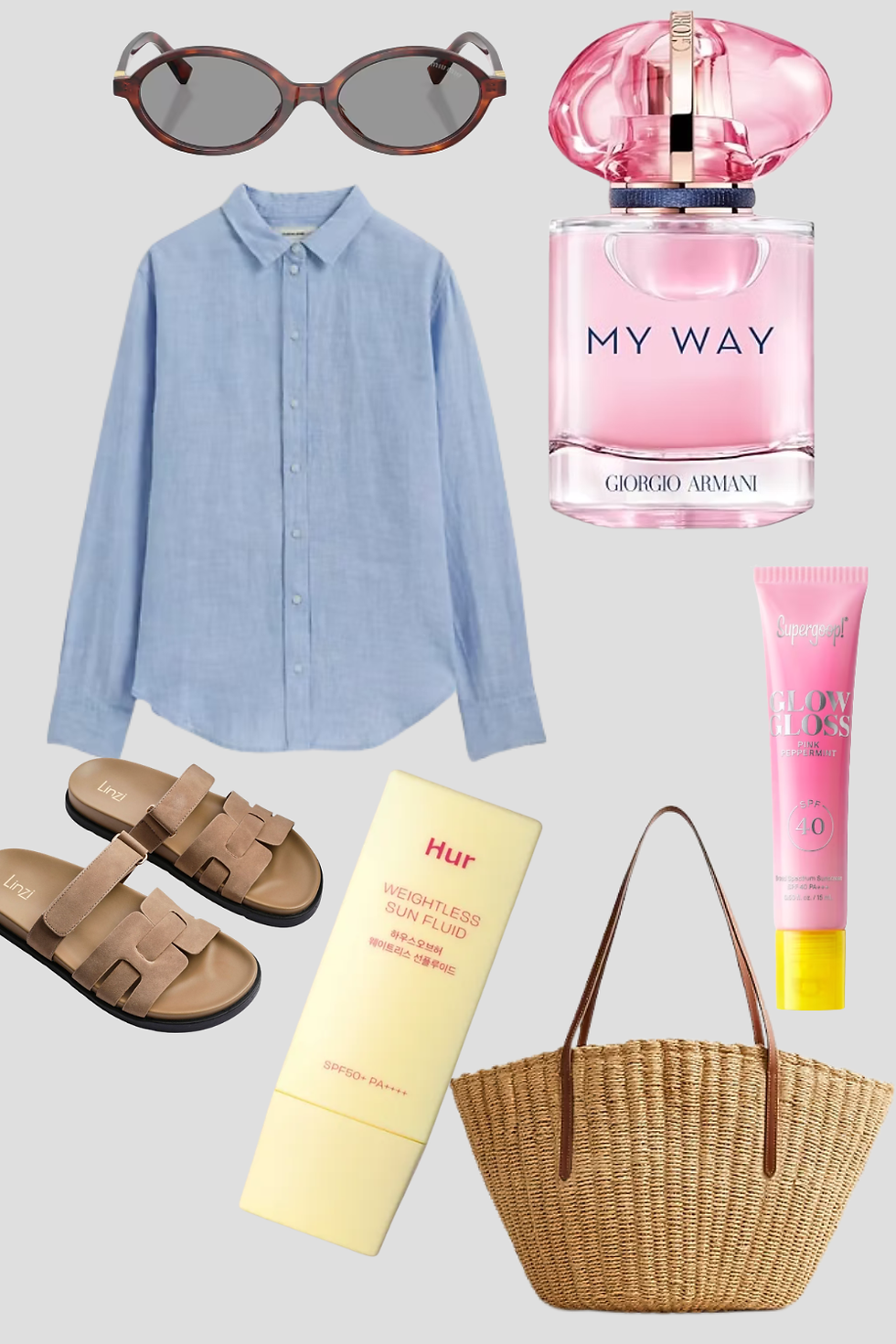 A minimalist summer flat lay displaying fashion and beauty items to wear and carry on summer days. It includes a long-sleeve light blue button-down shirt, slide sandals, a woven straw basket bag, oval tortoise sunglasses, a pink bottle of Giorgio Armani My Way perfume, Hur weightless sun fluid, and Supergoop lip gloss.