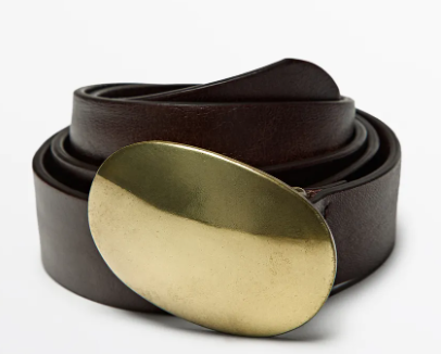 Rolled dark brown leather belt with a gold oval buckle on a white background.