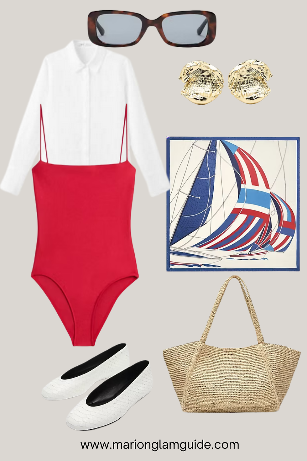 Minimalist summer holiday essentials outfit featuring a red one-piece swimsuit layered with a white shirt, paired with neutral flats, a straw tote bag, sunglasses, and gold earrings for a chic and effortless vacation look.