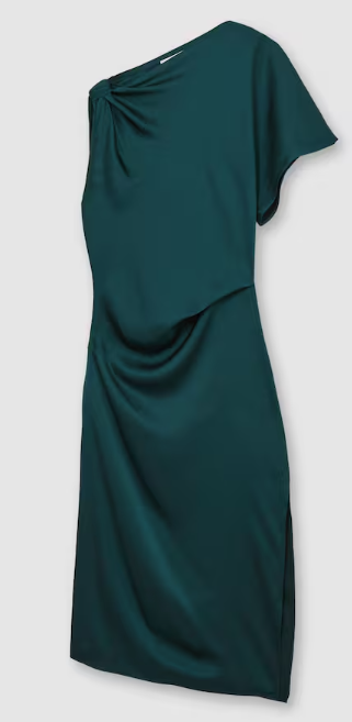 Dark teal one-shoulder draped dress on a plain light background, shown as a fashion product image.