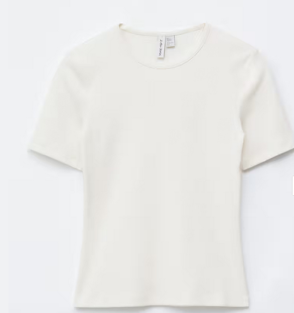 White short-sleeve crewneck T-shirt on a white background, with a small brand tag at the collar.