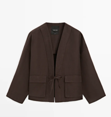 Brown open-front jacket with tie closure and patch pockets, displayed flat on a white background.