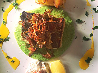 My Low Fat Twist on Classic Fish and Chips.... Pan Fried Stone Bass with Pea Puree, Potato Peel Scra