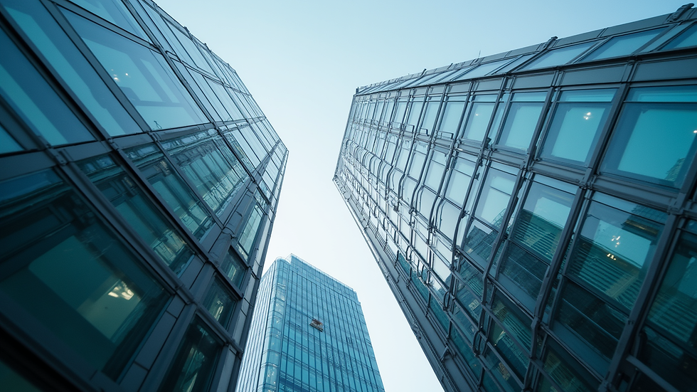 High angle view of a modern office building with glass facade
