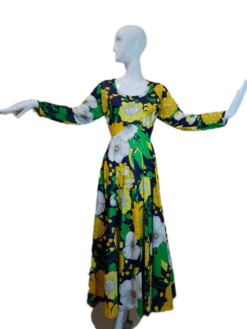 Thumbnail: 1970s Elegant Navy and Kelly Green Floral Maxi Dress