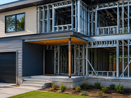 Two-story house under construction with steel framing, dark garage door, and porch steps beside a neat lawn and trees.