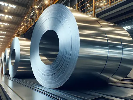Huge shiny steel coils lined up in an industrial factory, lit by overhead skylights and glowing warm lights.