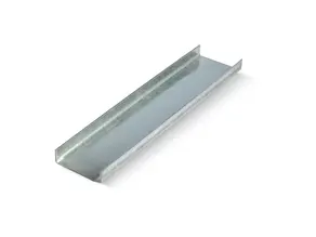 Metal U-shaped channel track on a white background, shown in close-up with a clean, industrial look