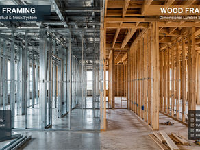 Split construction site: steel framing left, wood framing right, with labels comparing steel and wood systems.