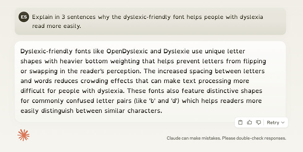 Text about dyslexic-friendly fonts, explaining their design aids readability for dyslexics by preventing letter flipping and confusion. Beige background.