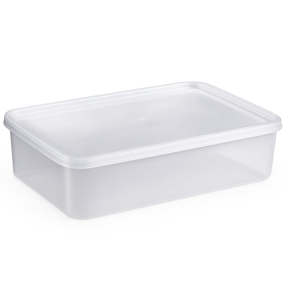 מיכל פלסטיק שקוף מלבני 2.5 ליטר – קופסת מזון חד פעמית, מתאימה לחימום ולאחסון מזון
