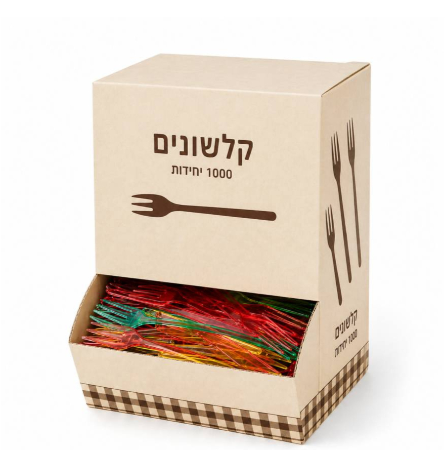 קלשונים חד פעמיים חצי שקופים צבעוניים זוהרים בדיספנסר לשימוש נוח לדוכני מזון 10 דיספנסרים כלי איכותי לאירועים וטייק אווי