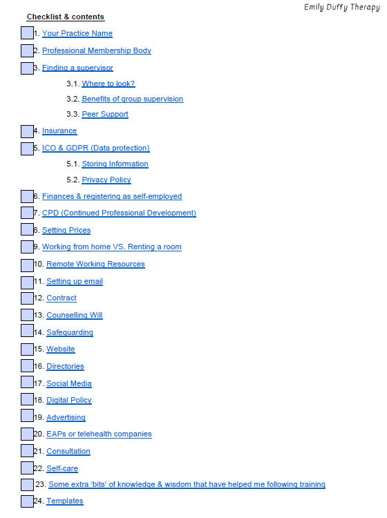 Thumbnail: Preview of the contents page (checklist) of the Start Up Guide.