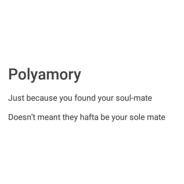 A meme saying, "Polyamory: Just because you've found your soulmate doesn't mean they have to be your sole mate"