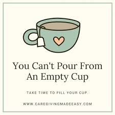 A drawing of a cup of tea in a green mug with a pink heart on the front. Underneath it says "You can't pour from an empty cup" and then in smaller text underneath that "take time to fill your cup"