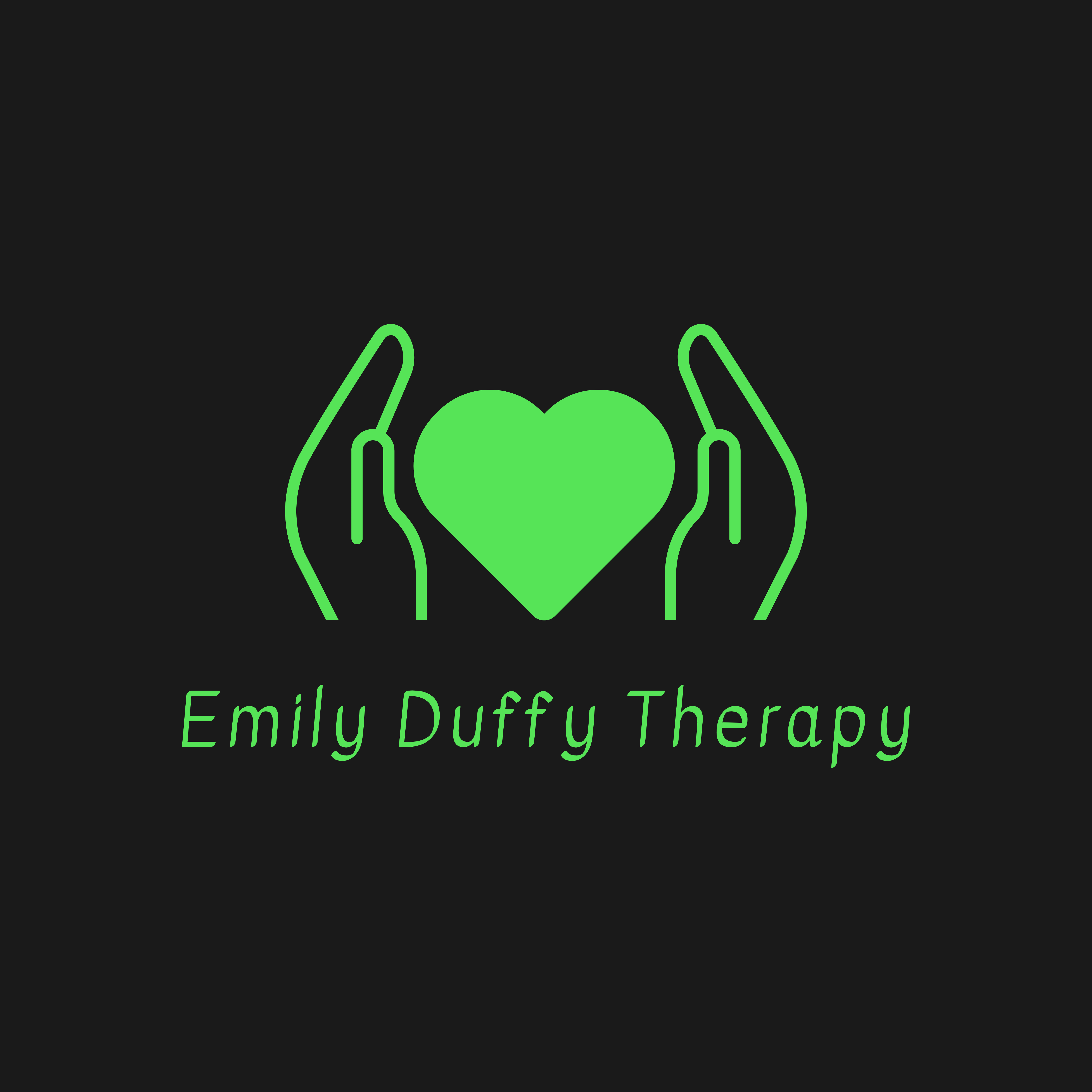 Emily Duffy Therapy logo. black background, emily duffy therapy in green text with an image of 2 hands surrounding a cartoon heart all in green too.