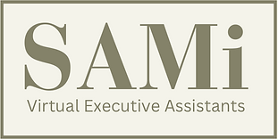 Logo for “SAMi Virtual Executive Assistants” featuring large serif letters “SAMi” in muted olive green on a light beige backg