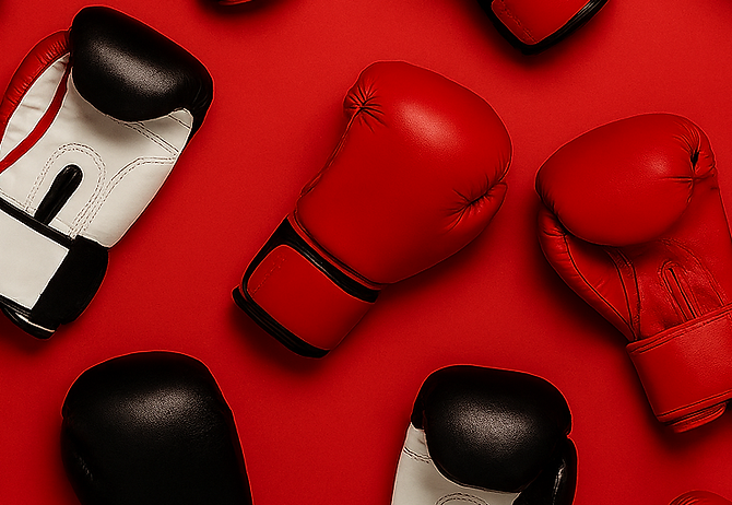 a collage of boxing gloves red, white, and black with a section for referring a friend getting a month free boxing fitness