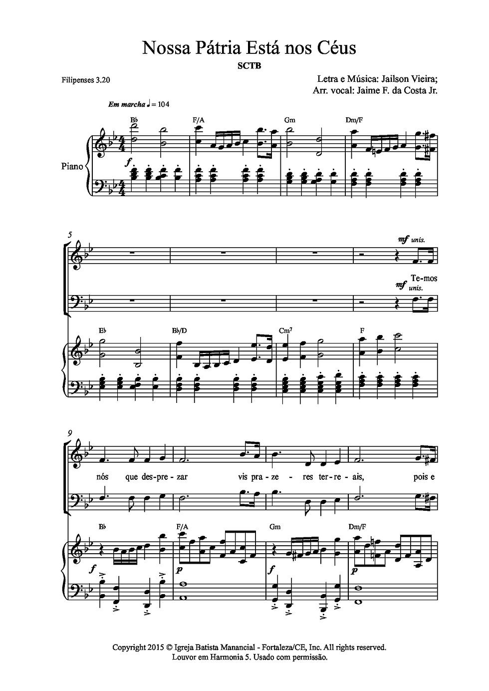 Miniatura: PARTITURA - Nossa pátria está nos Céus (Coro, Piano e Cifra)
