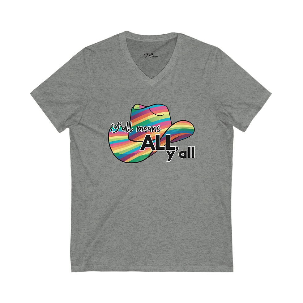 Thumbnail: Y'all Means ALL Y'all rainbow cowboy hat Unisex V-Neck Tee, Diversity, PRIDE