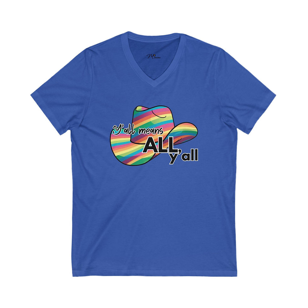 Thumbnail: Y'all Means ALL Y'all rainbow cowboy hat Unisex V-Neck Tee, Diversity, PRIDE