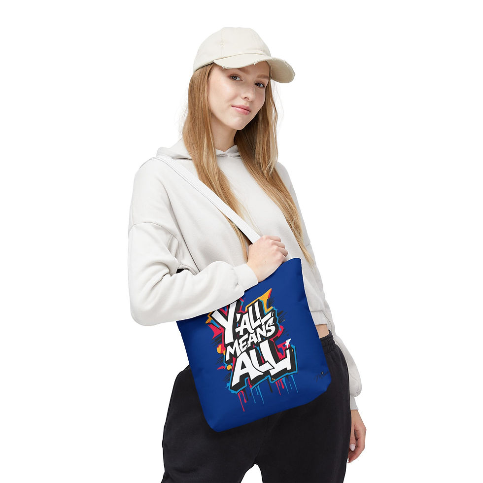 Thumbnail: Y’all Means All Tote Bag, Dark Blue 13x13 16x16 18x18, Equality Inclusion LGBTQ+