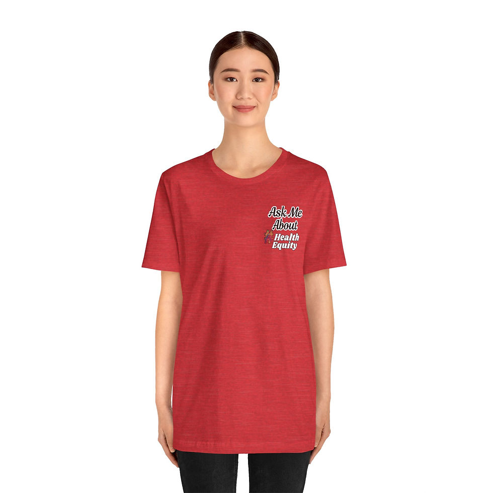 Thumbnail: Ask Me About #HealthEquity Pocket Size Front & Back Unisex Tee, Rainbow Hashtag