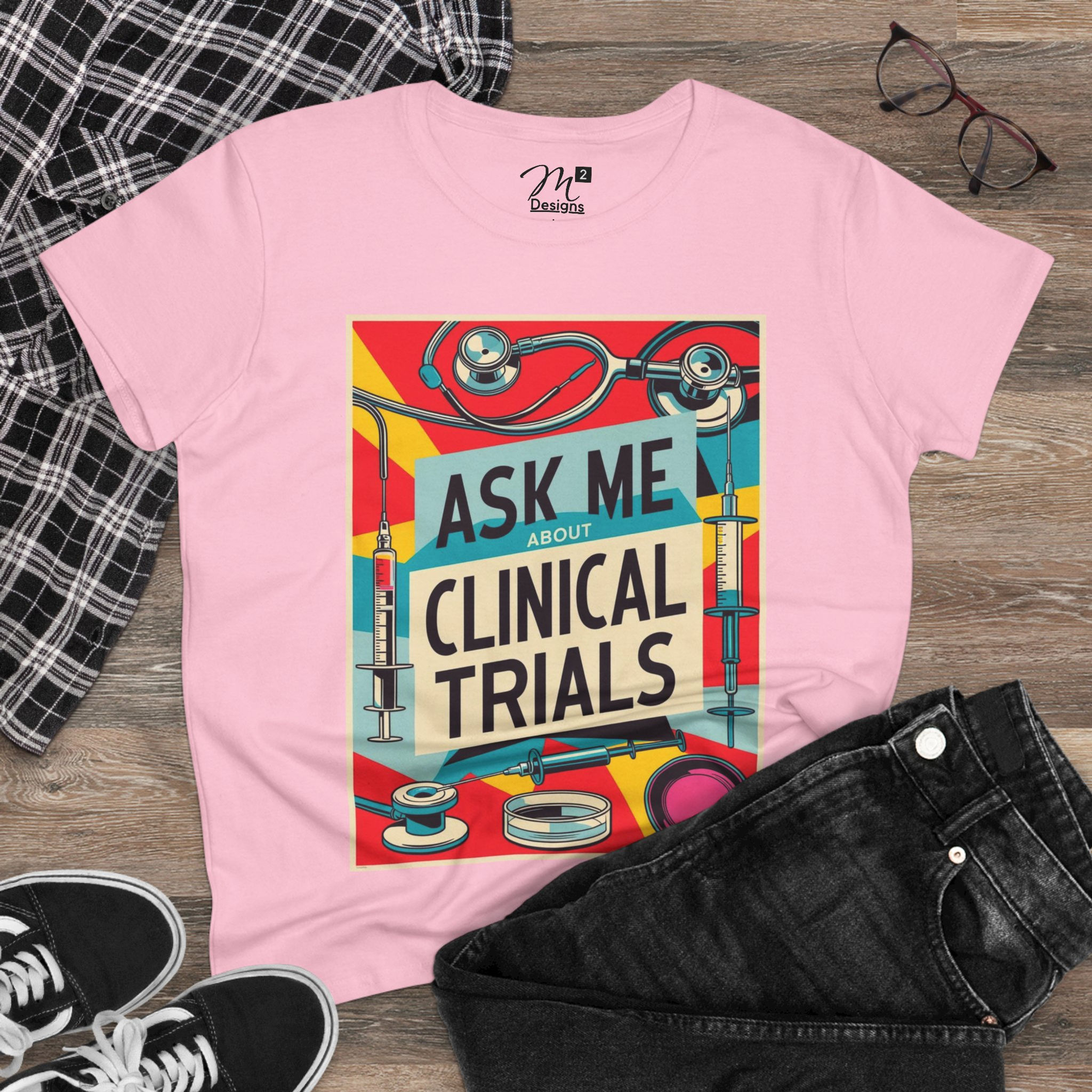 Ask Me About Clinical Trials  Women’s Midweight Tee, Retro, Healthcare Awareness