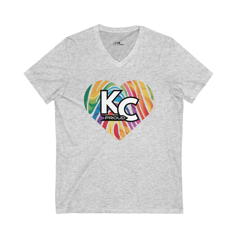 Thumbnail: KC Proud rainbow fingerprint heart Unisex V-Neck Tee, Positivity, PRIDE