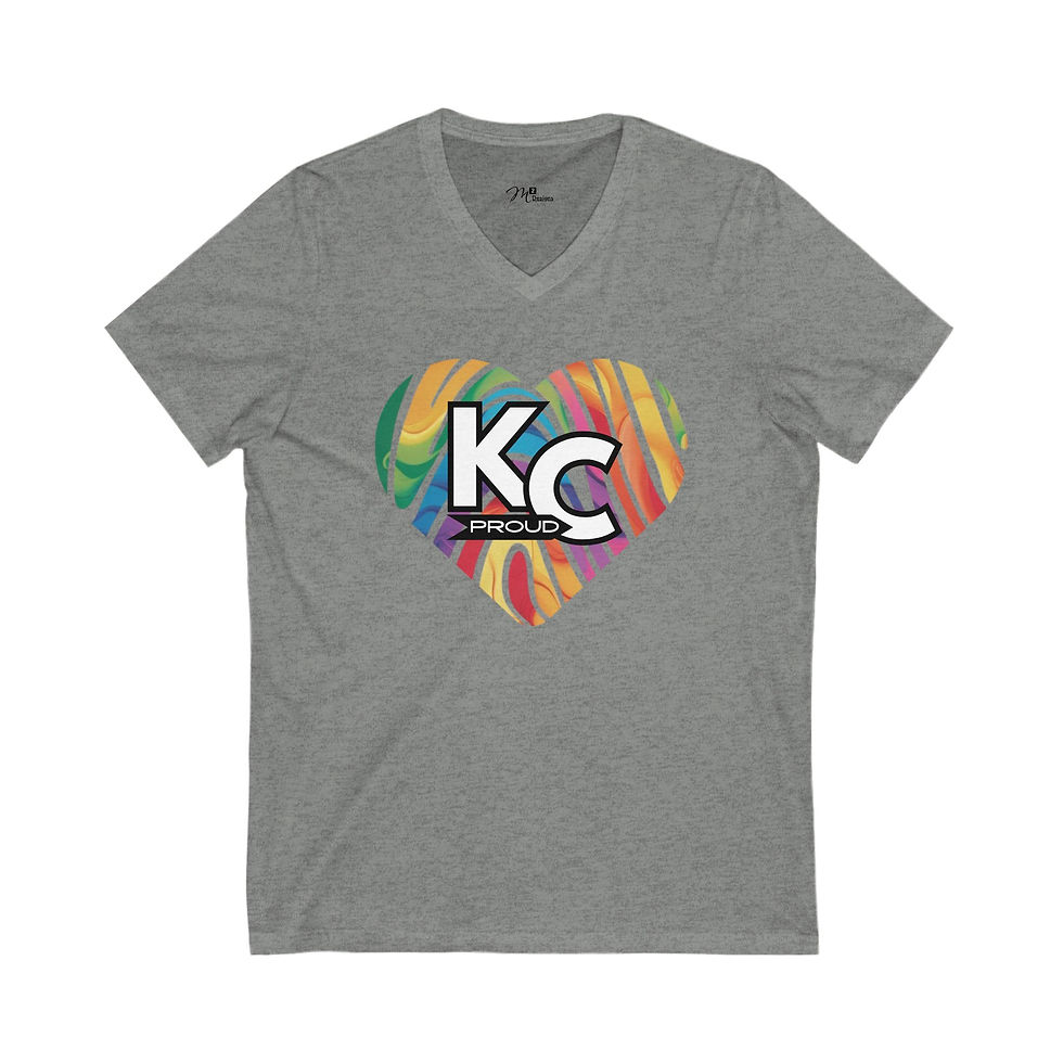 Thumbnail: KC Proud rainbow fingerprint heart Unisex V-Neck Tee, Positivity, PRIDE