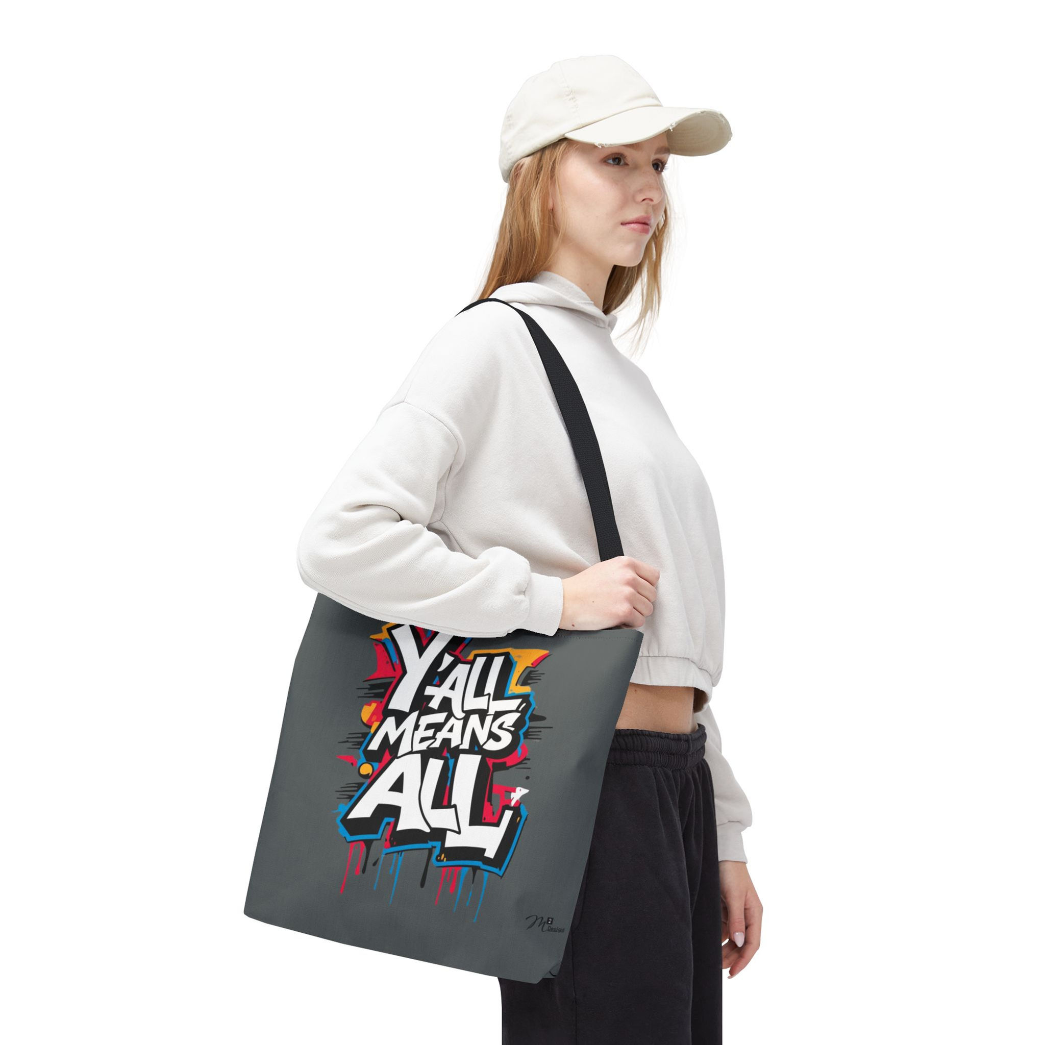 Y’all Means All Tote Bag, Dark Grey 13x13 16x16 18x18, Equality Inclusion LGBTQ+