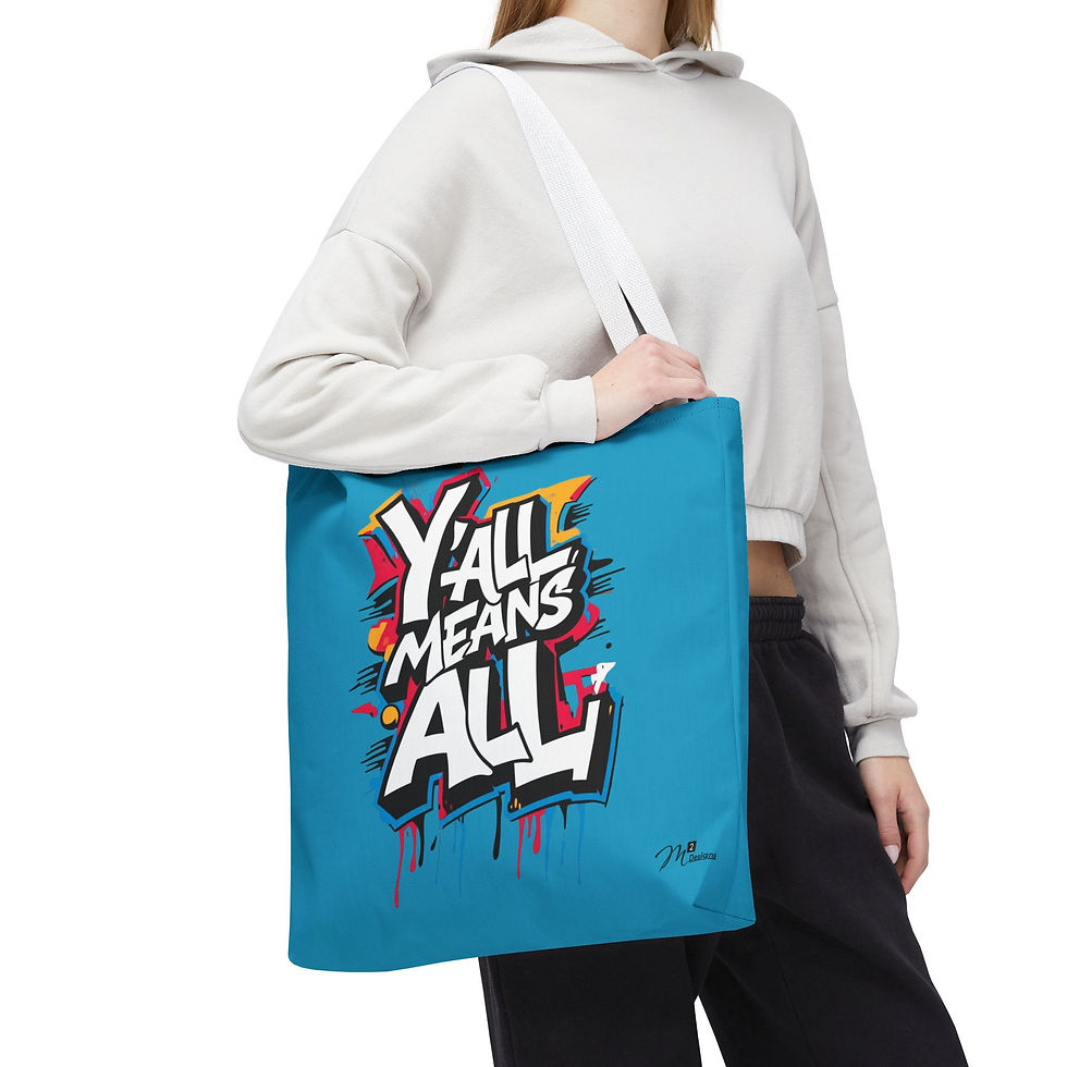 Thumbnail: Y’all Means All Tote Bag, Turquoise 13x13 16x16 18x18, Equality Inclusion LGBTQ+