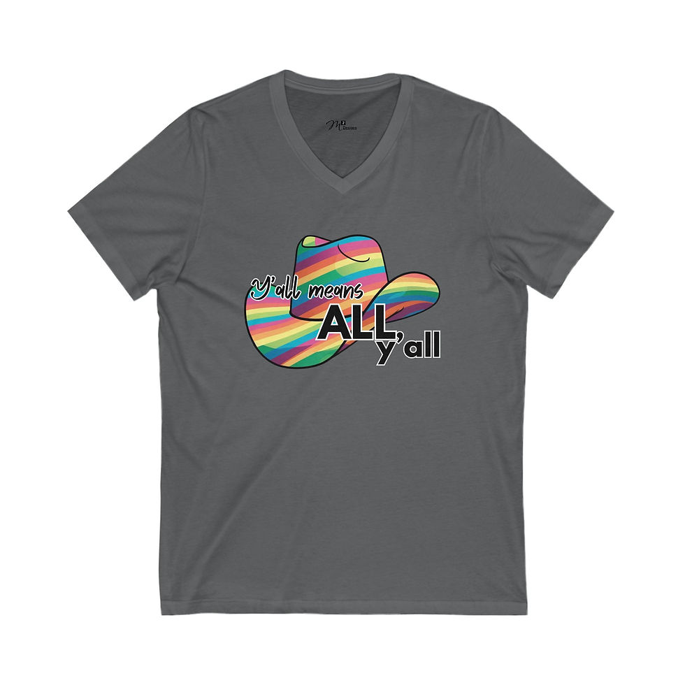 Thumbnail: Y'all Means ALL Y'all rainbow cowboy hat Unisex V-Neck Tee, Diversity, PRIDE