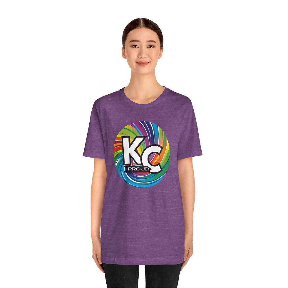 Thumbnail: KC Proud rainbow swirl round Unisex Tee, Diversity, Inclusive, Positivity, PRIDE