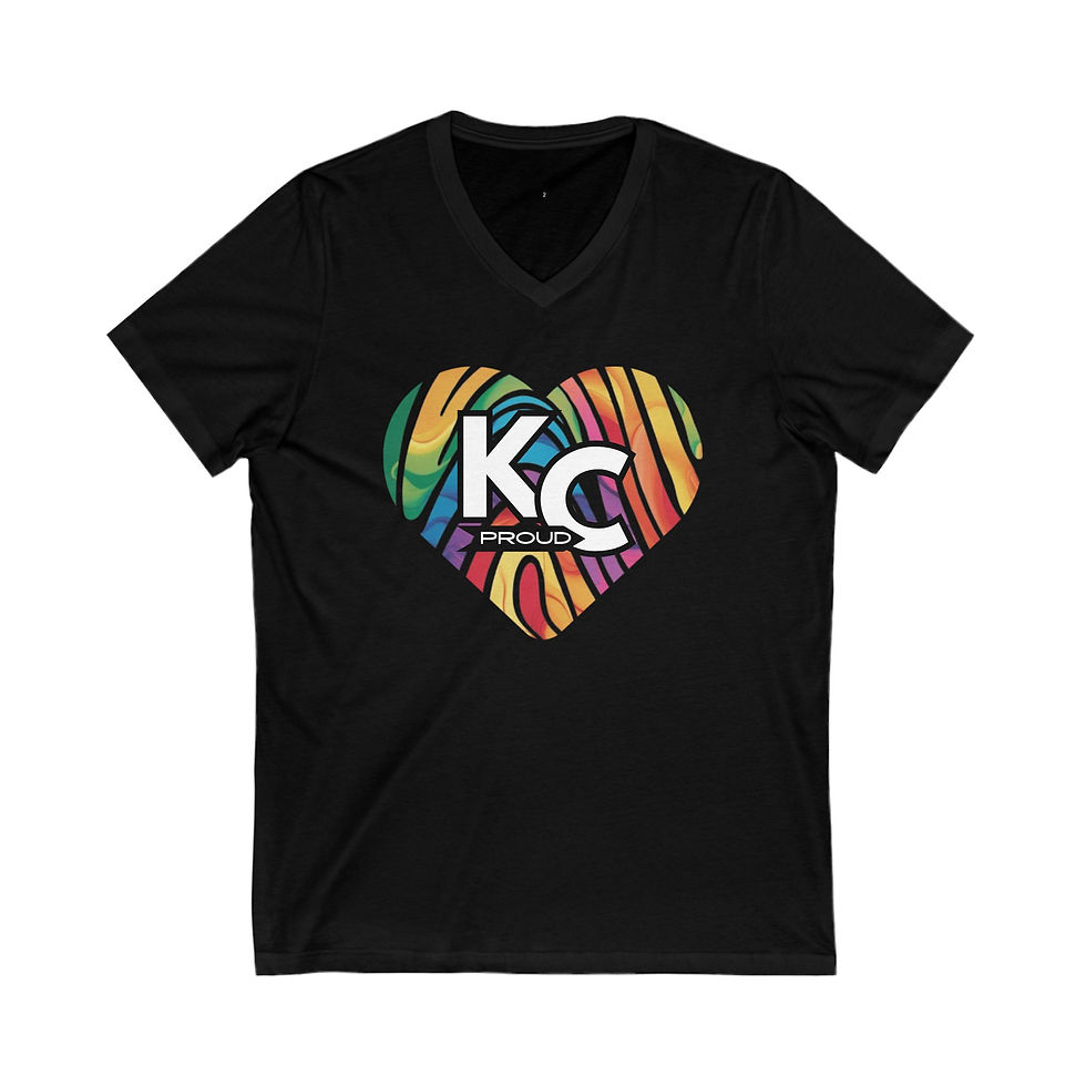 Thumbnail: KC Proud rainbow fingerprint heart Unisex V-Neck Tee, Positivity, PRIDE