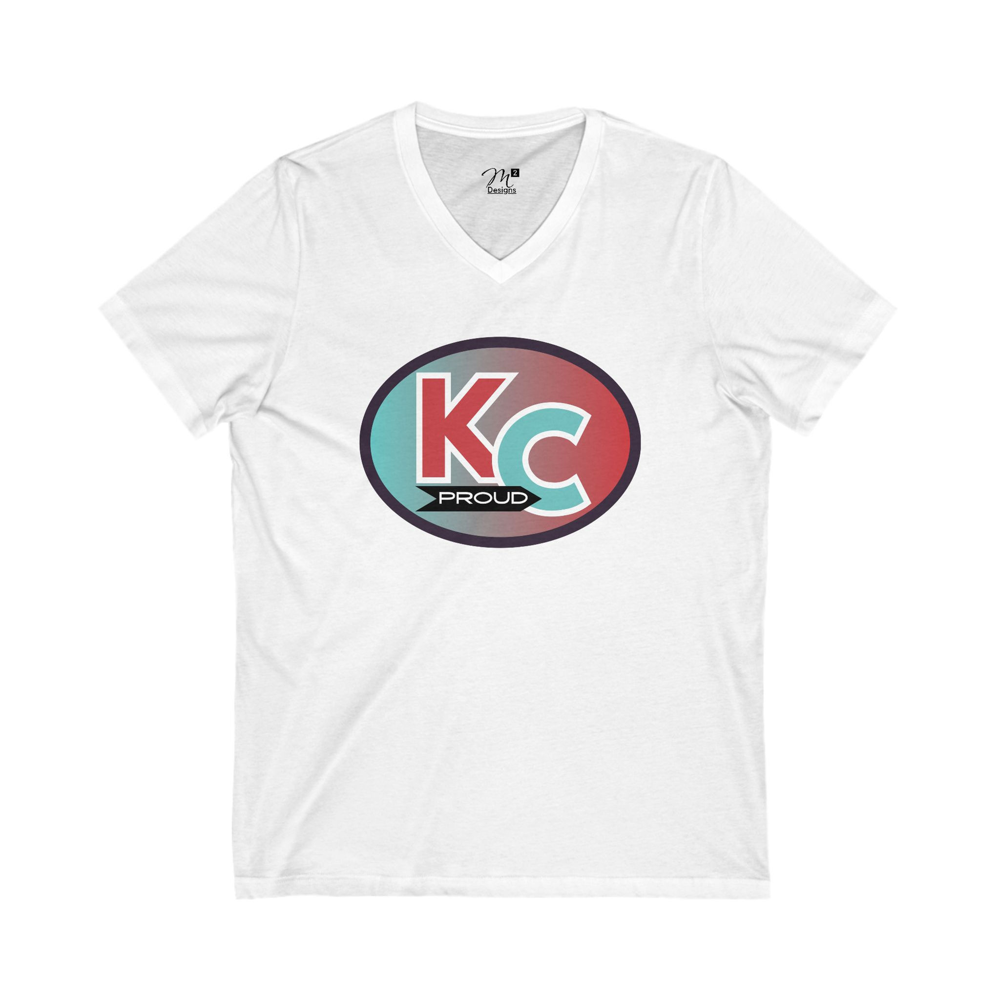 KC Proud (aqua to red oval color letters) Unisex V-Neck Tee, Kansas City PROUD