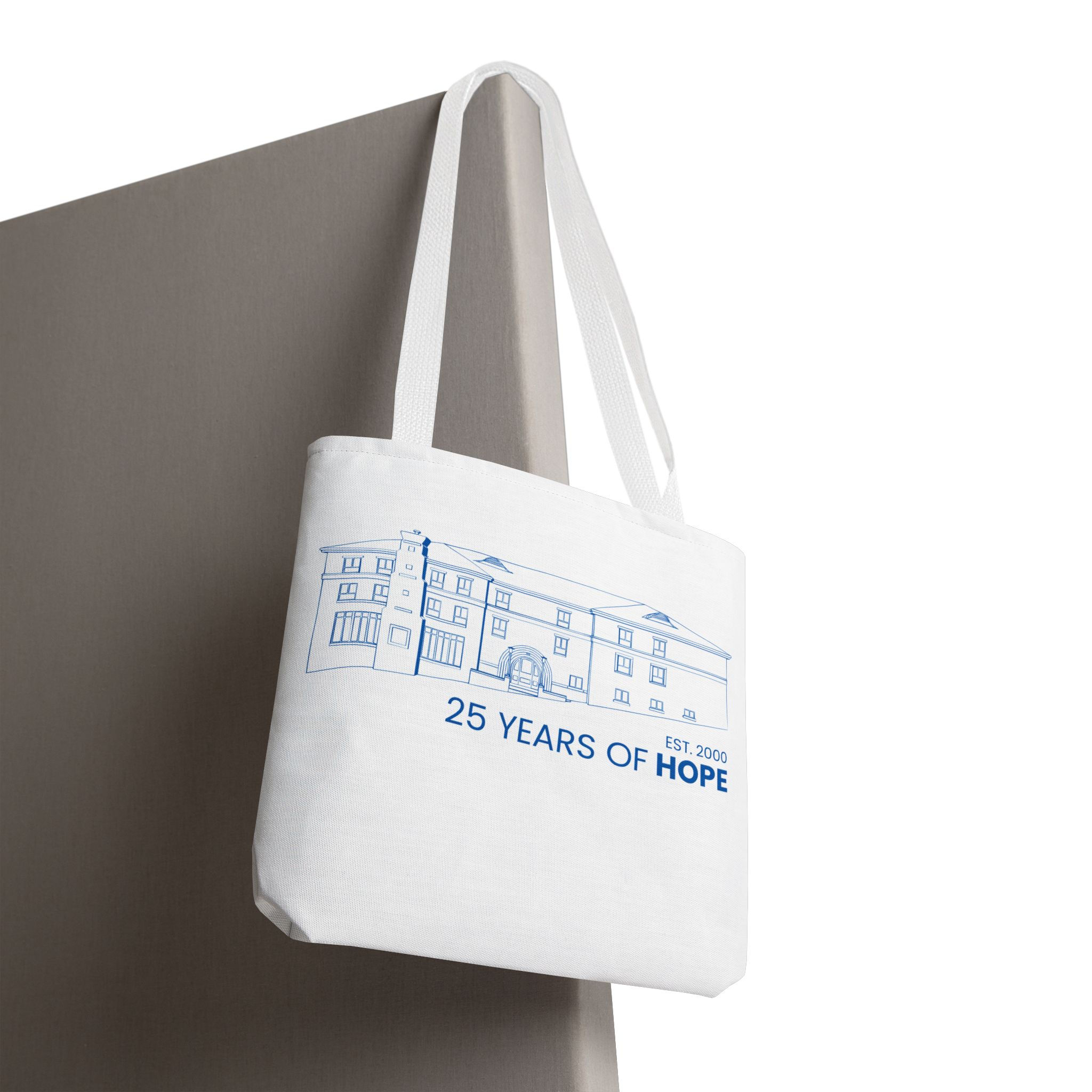 White Tote Bag, Hope Lodge Kansas City 25 Years of Hope, Blue Design