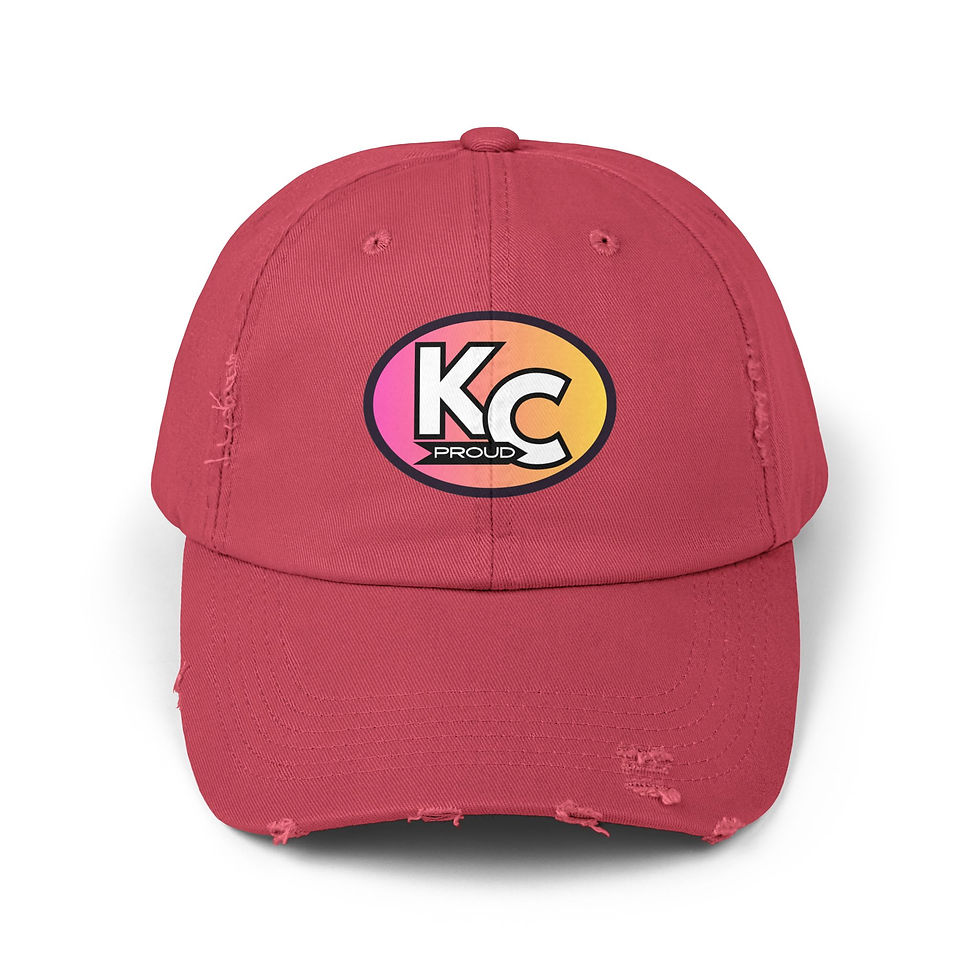 Thumbnail: KC Proud (pink to yellow oval) Unisex Distressed Cap, Kansas City PROUD