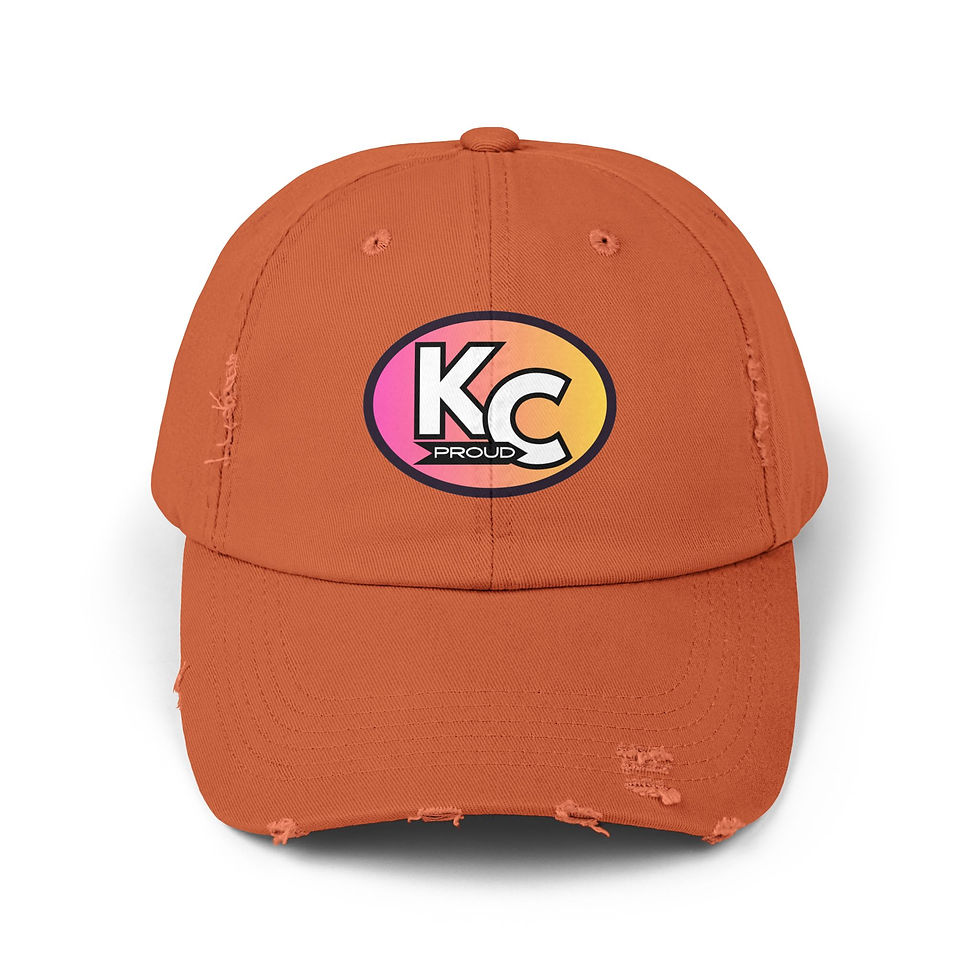 Thumbnail: KC Proud (pink to yellow oval) Unisex Distressed Cap, Kansas City PROUD
