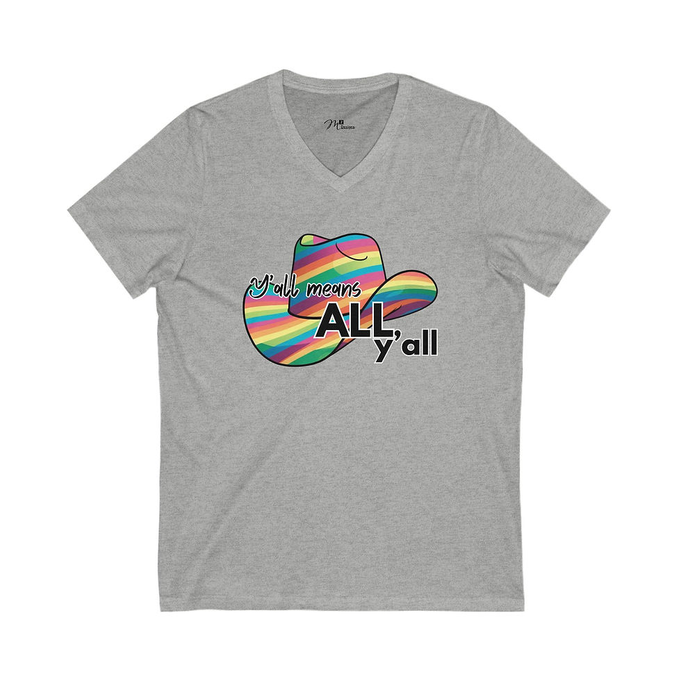 Thumbnail: Y'all Means ALL Y'all rainbow cowboy hat Unisex V-Neck Tee, Diversity, PRIDE
