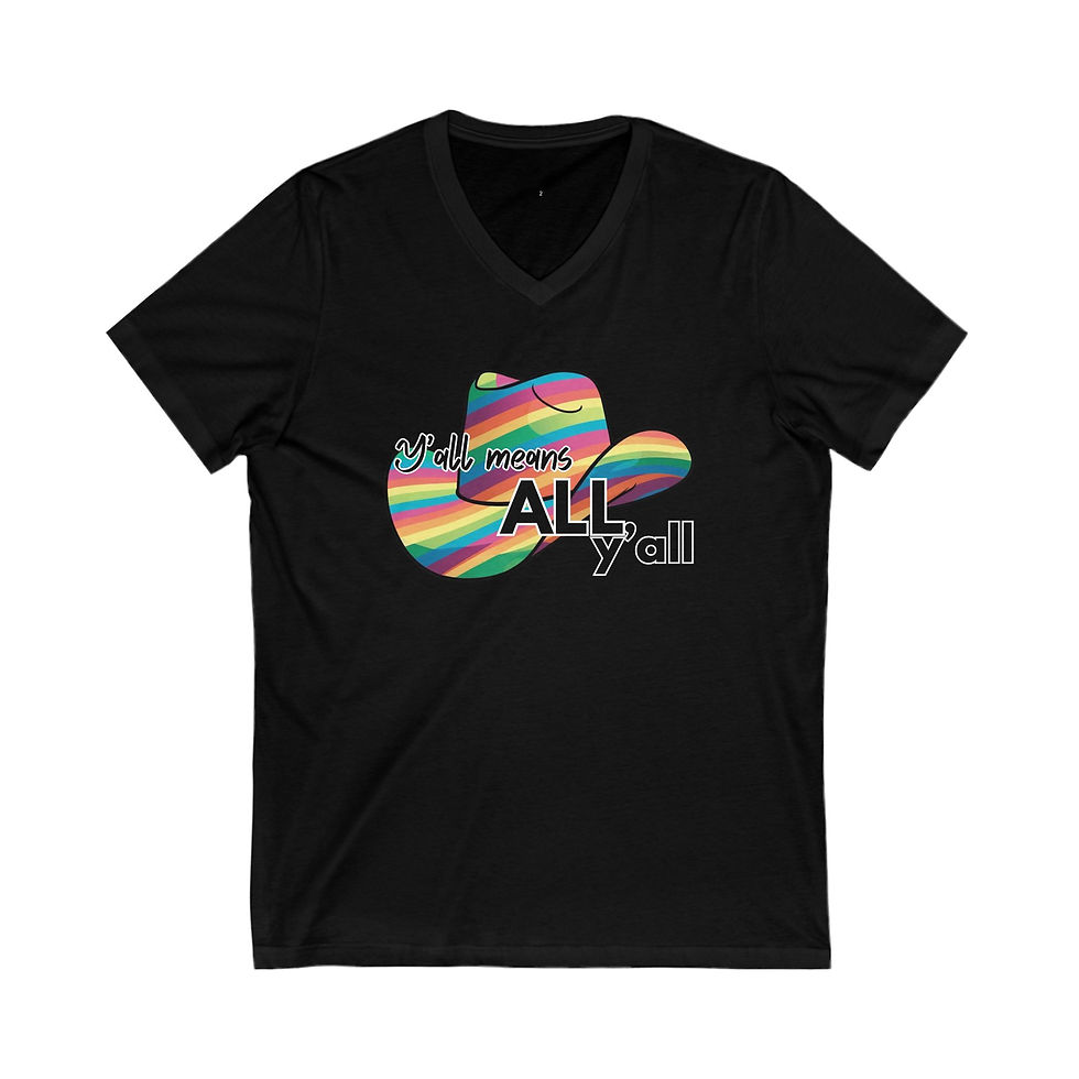 Thumbnail: Y'all Means ALL Y'all rainbow cowboy hat Unisex V-Neck Tee, Diversity, PRIDE