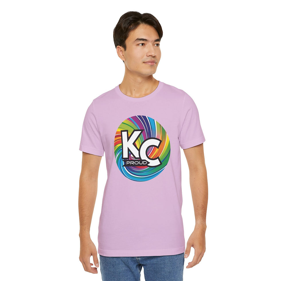 Thumbnail: KC Proud rainbow swirl round Unisex Tee, Diversity, Inclusive, Positivity, PRIDE