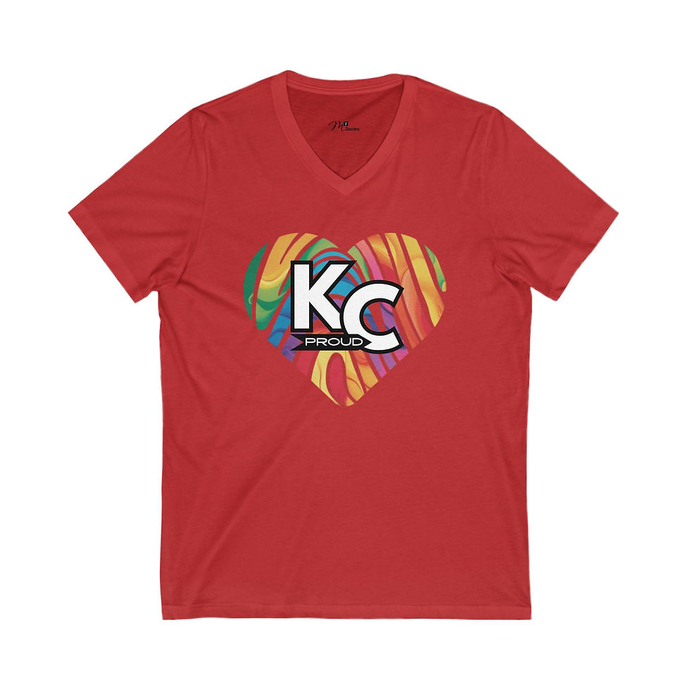 Thumbnail: KC Proud rainbow fingerprint heart Unisex V-Neck Tee, Positivity, PRIDE