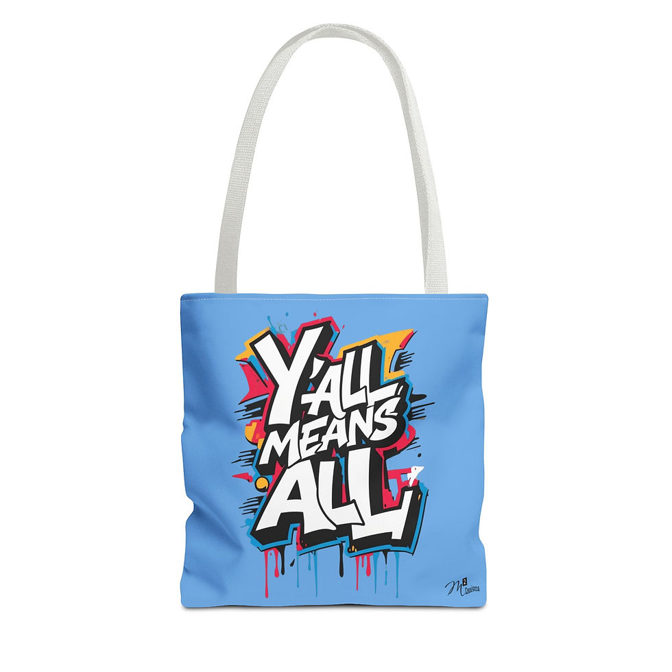 Thumbnail: Y’all Means All Tote Bag, Light Blue, 13x13 16x16 18x18, Equality, LGBTQ+